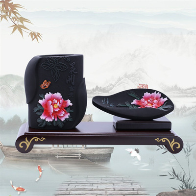 活性炭雕工艺品创意高档商务送礼办公桌面摆件 富贵牡丹笔筒套件|ru