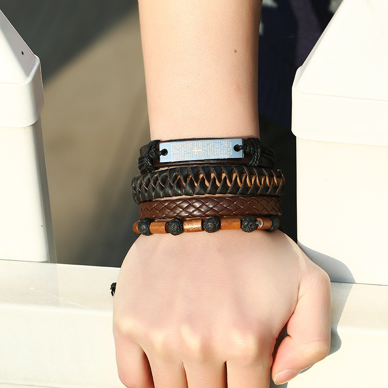 Leather bracelet leather suit menu0027s bracelet volcanic stone wooden beads vintage weaving