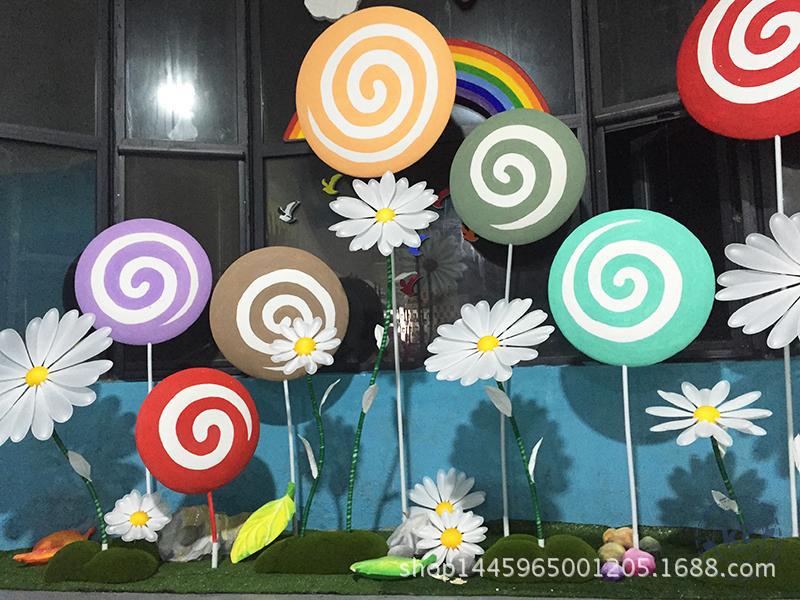 儿童节棒棒糖泡沫雕刻美陈商场橱窗糖果吊饰活动布置