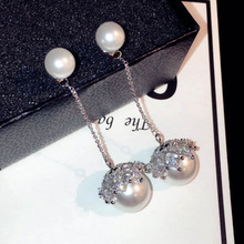 新款韩国银针耳环长款镶锆仿珍珠气质两用耳钉耳坠女E001484