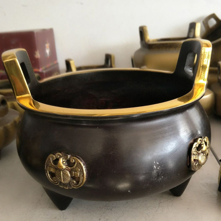 厂家批发铜香炉蝙蝠金边黑色小铜香炉摆件居家金属工艺品雕塑