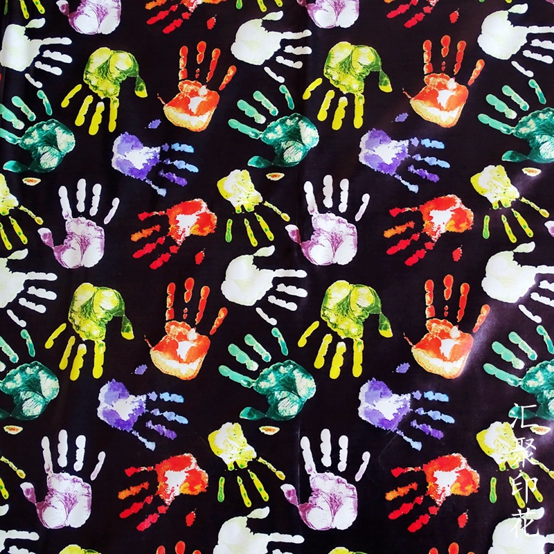 满底印黑手掌纹数码印花     皮革彩色直喷印花 时装印花面料