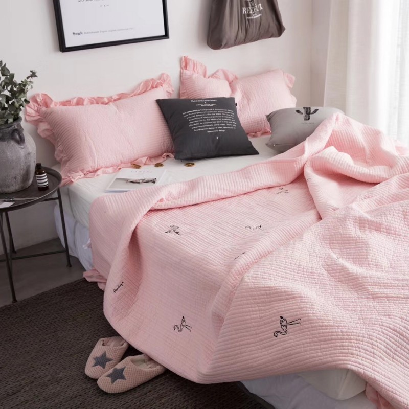 廠家跨境雙面棉水洗棉床蓋三件套星星刺繡夾棉夏涼被壹件代發批發