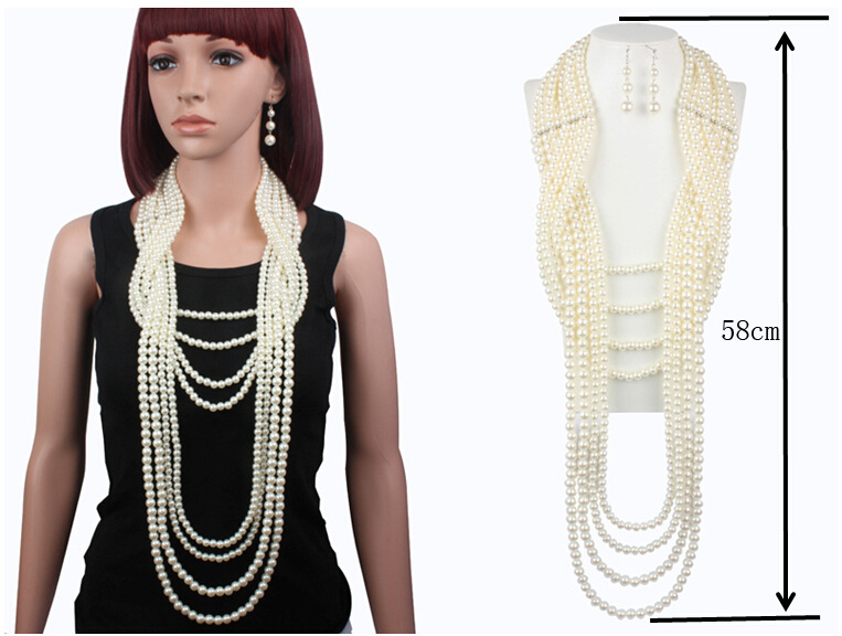 New exaggerated multi-layer pearl necklace set long sweater necklace earrings set for women nihaojew