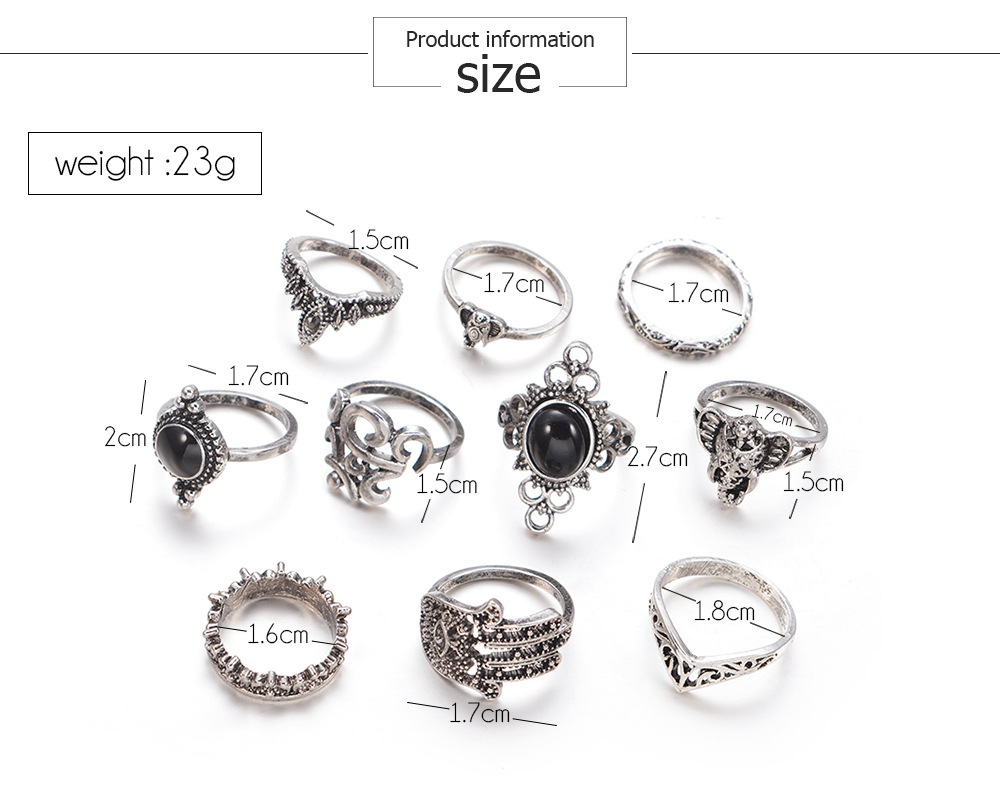 Retro Elephant Palm Water Drop Ring Ten-piece Set display picture 2