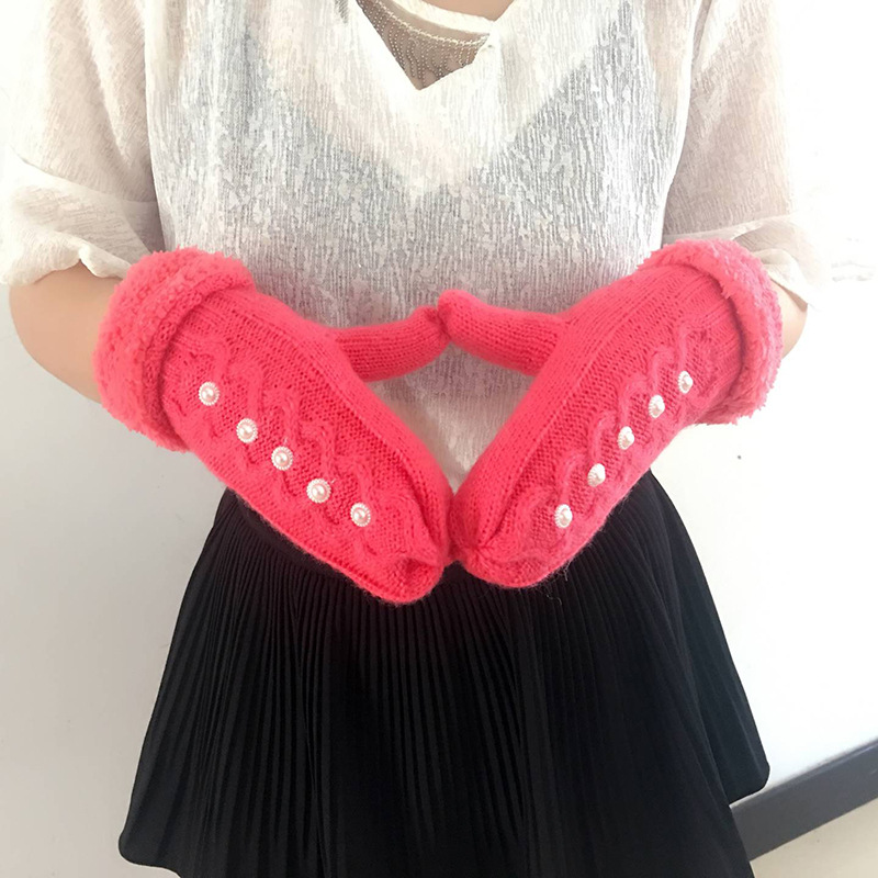 Shunzun punto acrílico doble capa de lana forrado perla caliente punto dedo jacquard guantes de las mujeres suministro directo de fábrica