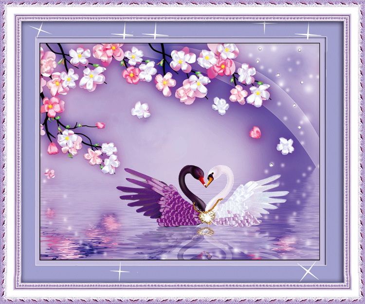 Oujin nianhua Bordado de La Cinta Directa Fábrica de impresión en color colgante pintura Swan Lake amor sala de estar entrada pintura decorativa