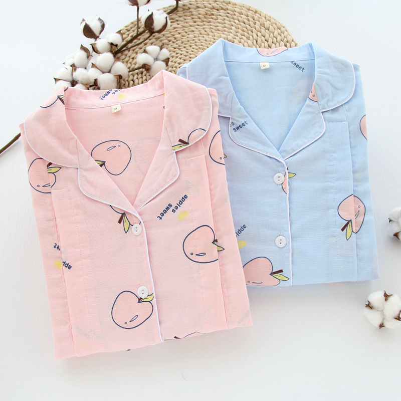 春夏季纯棉双层纱布月子服新款苹果孕产妇睡衣产后哺乳喂奶衣套装|ms