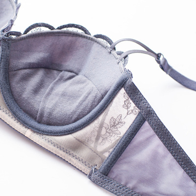 刺绣复古条纹文胸套装性感聚拢上薄下厚蕾丝边酒红色内衣女批发