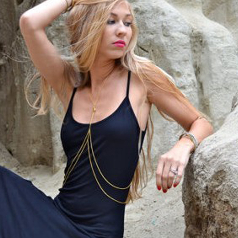 Boho Dubbellagers BH Body Chain Guld Bikini BH Chain Halsband Lång Slave Body Chain Summer Beach Body Smycken för kvinnor och flickor_voghion.com