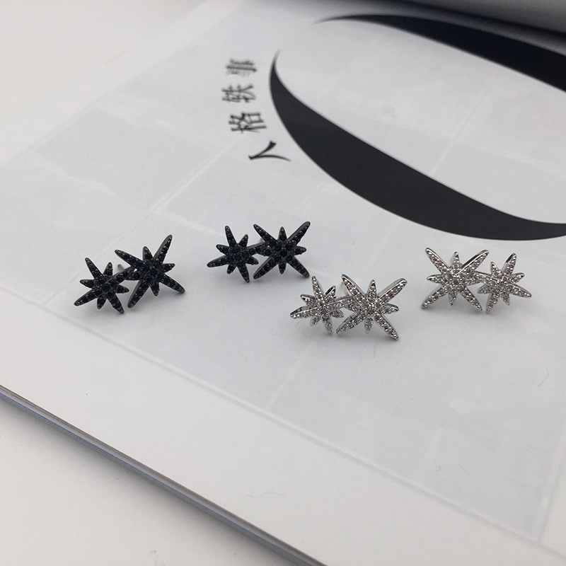 S925 Silver Needle Double Rice Word Eight-pointed Star Stud Earrings Crystal Diamond Double Meteor Earrings Earrings display picture 5