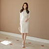 Korean slim fashion Solid Round Neck Lace hip dress