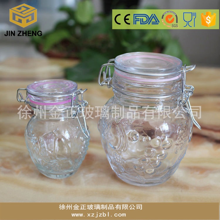 现货300ml 水果浮雕花纹 大肚美观玻璃铁扣小号密封罐