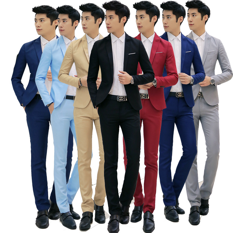 2017时尚商务休闲韩版男装西服套装青年纯色时尚修身两件套礼服潮