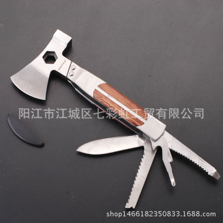 厂家直销多功能彩木斧头刀安全锤钳户外野营汽车救生维修折叠工具