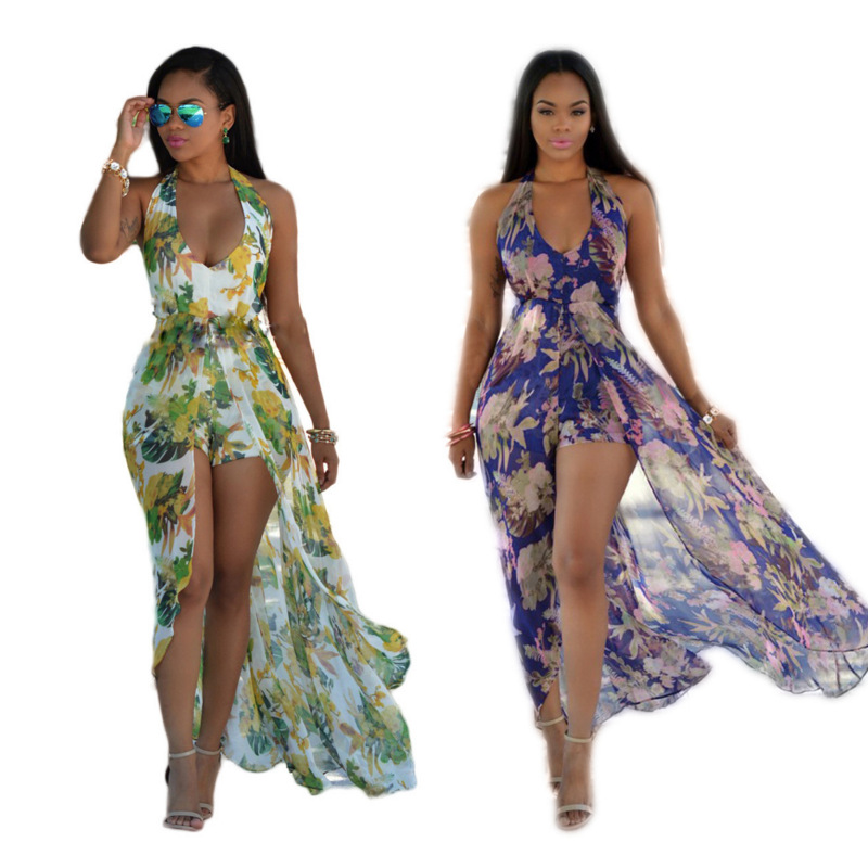2019Ebay Amazon Wish Hot Women's Print Dress Sexy Slit Beach Dress
