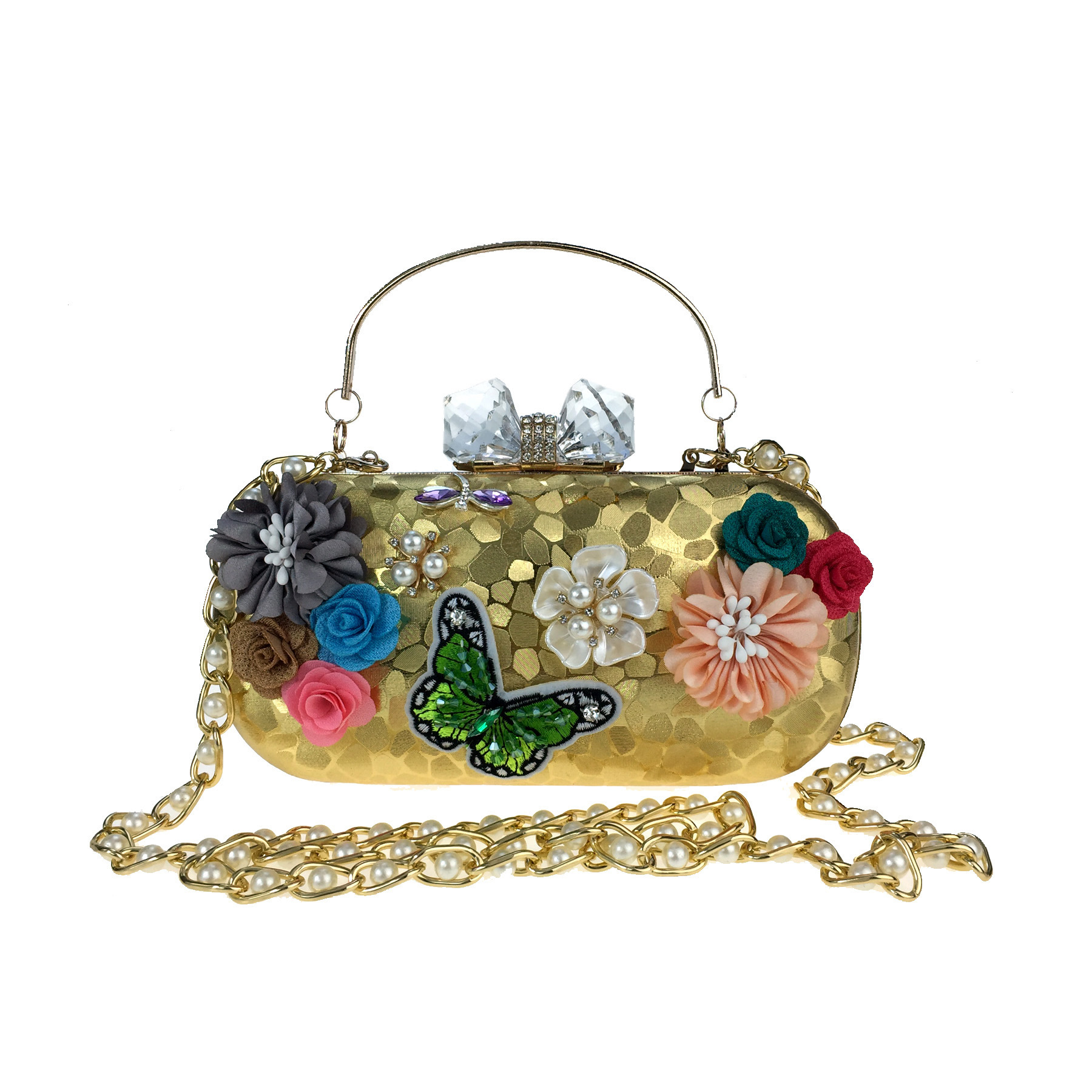Túi clutch nữ dạ tiệc hoa satin thêu hạt bướm ngọc trai, tay cầm kim loại và dây đeo ngọc trai — Màu đỏ, Màu vàng, Màu bạc chi tiết 7