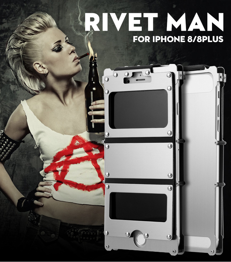 Armor King Iron Man Stainless Steel Dual Window Rivet Leather 360° Flip Case Cover for Apple iPhone 8 Plus & iPhone 8