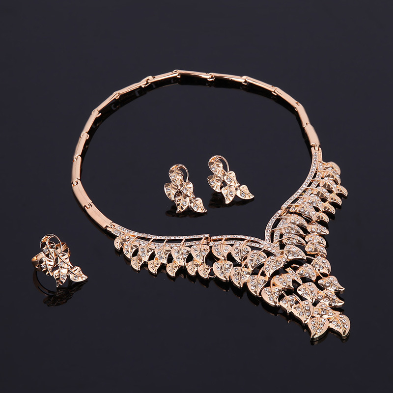 New crystal leaf-shaped geometric jewelry four-piece set