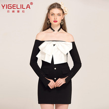 YIGELILA 夏欧美潮款可爱蝴蝶结纽扣一字肩修身礼服连衣裙6882