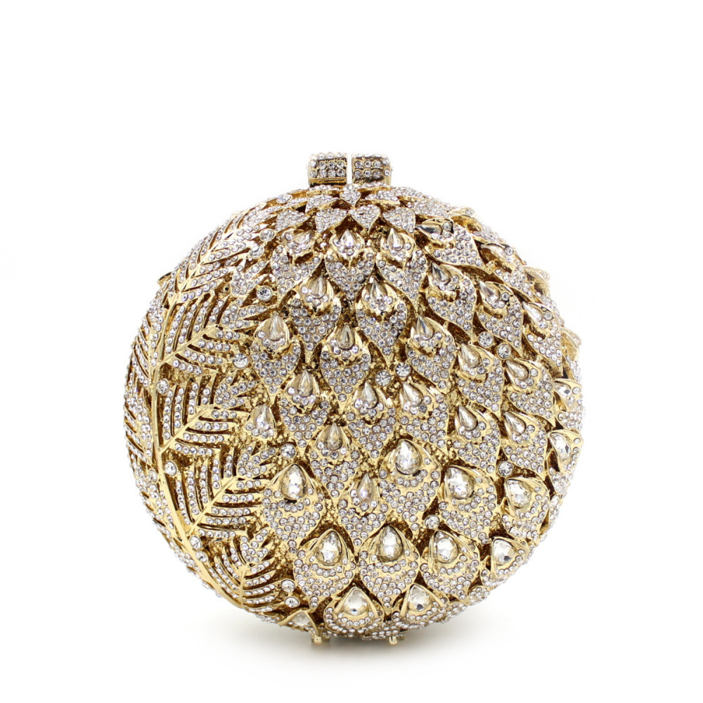* BL018 AliExpress bolsas de diamante redondas de metal hueco bolsas de cena de cristal de diamantes hechas a mano bolsas de banquete de mujer