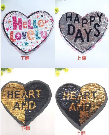 New Color Changing Beads Embroidery Cloth Stickers Flip Double-sided Sequin Embroidery Chapter Peach Heart English Patch Stickers display picture 1