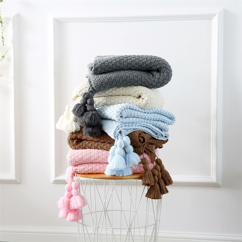 2018新款簡約現代棉針織毯純色四角流蘇廠家批發沙發空調午睡