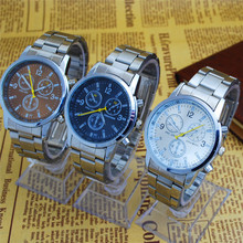 亚马逊爆款男士手表不锈钢片表带时尚蓝光玻璃三眼六针商务男腕表