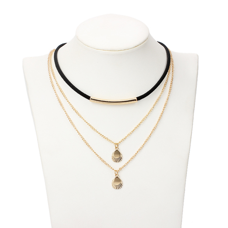 12g Weight Necklace Classification Wedding, Travel Occasion Printing Pattern Women'S Gender Gold, Silver Color Korean Velvet Multi-layer Chain Choker Metal Shell Lace Alloy Necklace Jewelry 1