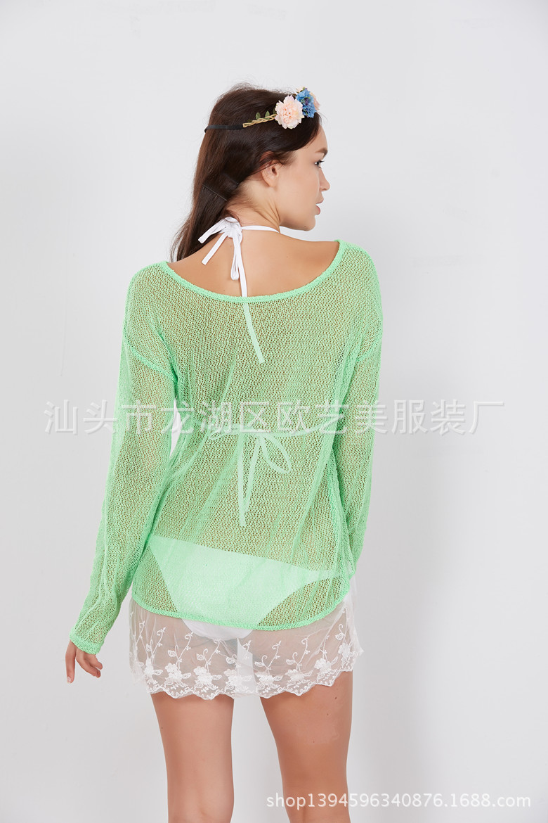 Lace Trim Sheer Top Sexy V Neck Long Sleeve Hollow Out Design Fashionable Layering Piece for Women Wholesale