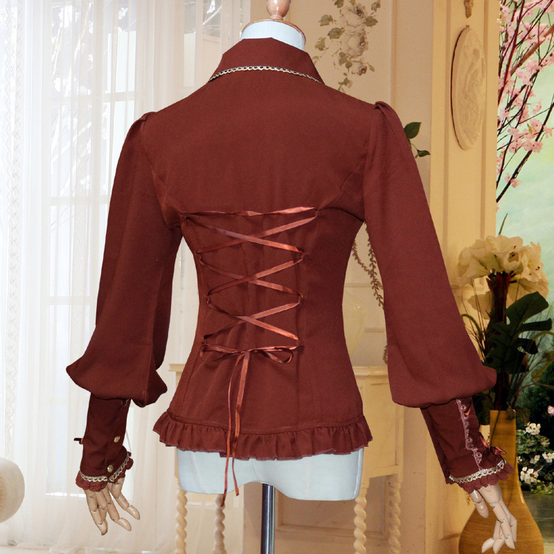 ヨーロッパのレトロなランタンの袖の金の縁のレースのシフォンのlolitaの洋服の長袖の女性のシャツ