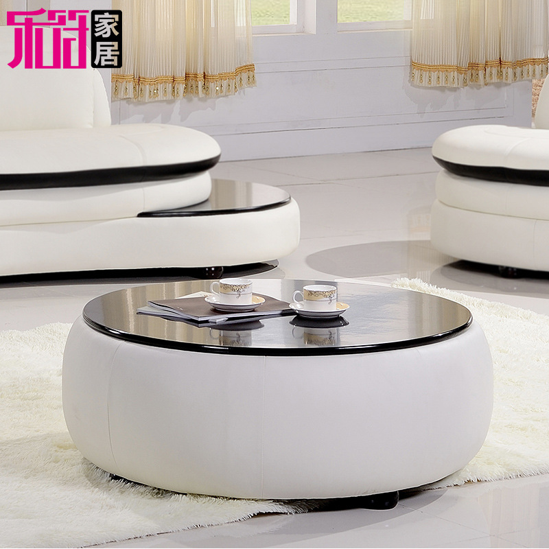 现代简约时尚客厅沙发配套茶几 大小户型黑白色烤漆板pu皮艺圆几|ms