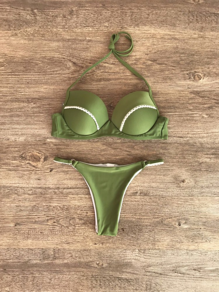 李氏制衣2018新款绿色硬包分体蕾丝边比基尼 钢托聚拢巴西字裤泳