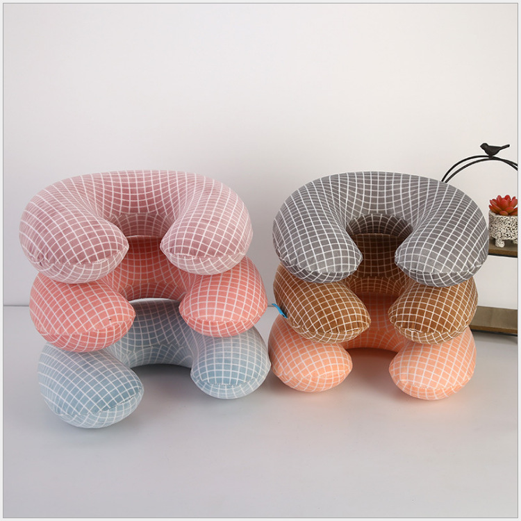 2017新款印花格子充气U型枕中号创意旅行飞机枕午睡办公枕头批发