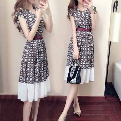 裙子女夏季新款韩版显瘦V领中长款印花百褶雪纺连衣裙大摆裙17329