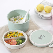 億美 日式麥稈雙層飯盒 圓形手提餐盒便當盒帶勺 餐具批發