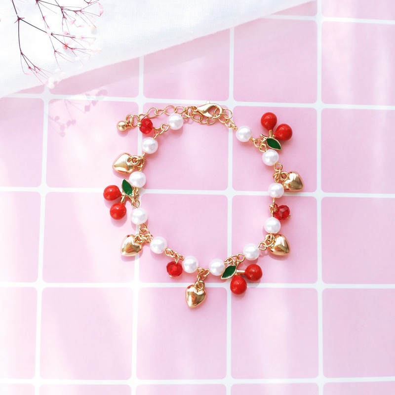 Japan and South Korea Meng Meng da Cherry love temperament Pearl fashion Hearts student Versatile Bracelet jewelry