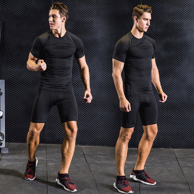 健身服套装男运动健身训练服两件套跑步服短袖紧身衣速干短裤