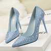 Korean fashion， sweet and elegant， thin heel， high heel， shallow mouth， thin pointed， color diamond， water drill single 