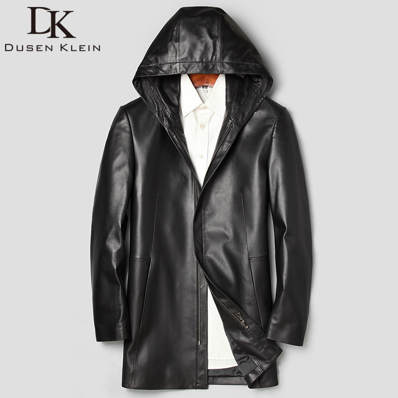 Haining Leather Men's Genuine Leather Hooded Trench Coat Headline Sheepskin Slim Fit Single Leather Men's Mid-Length Youth Coat Haining Leather Men's Genuine Leather Hooded Trench Coat Headline Sheepskin Slim Fit Single Leather Men's Mid-Length Youth Coat