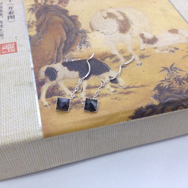 s925纯银耳钉批发 黑玛瑙方块正方耳线 长款个性耳饰 女 手工制作|ms