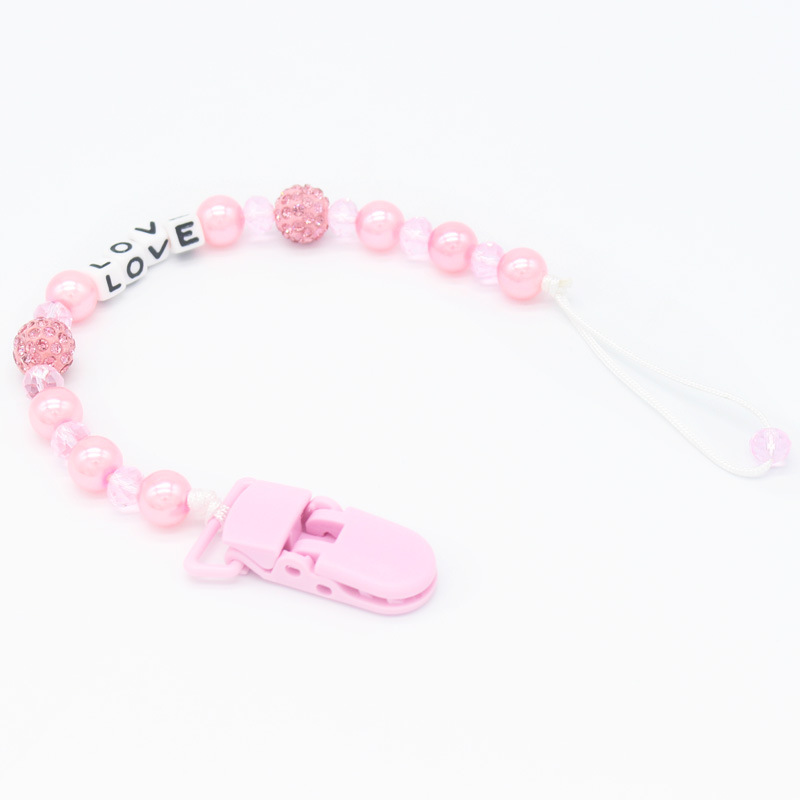 Venta directa de fábrica bebé personalizado amor cristal perla bebé chupete cadena anti-gota cadena anti-cadena perdida