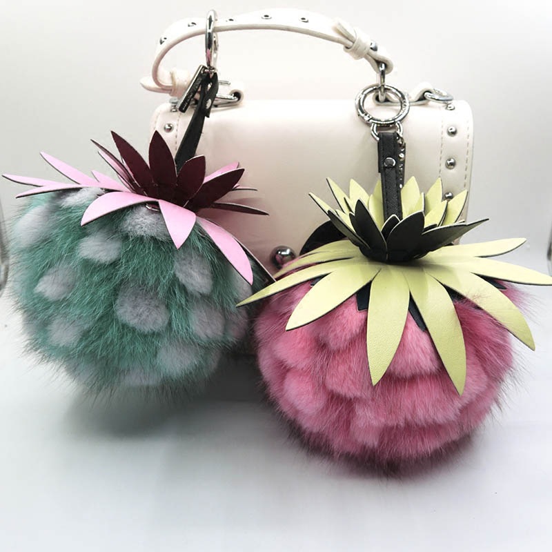 狐狸毛拼色菠萝花球钥匙扣挂件大毛球多色可选批发厂家直销