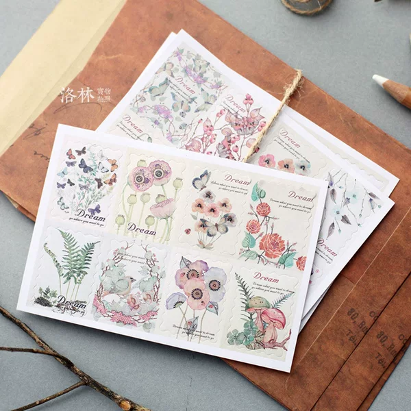 A18 South Korea stickers retro hand-painted flower plant paper decorative stickers diary journal stickers