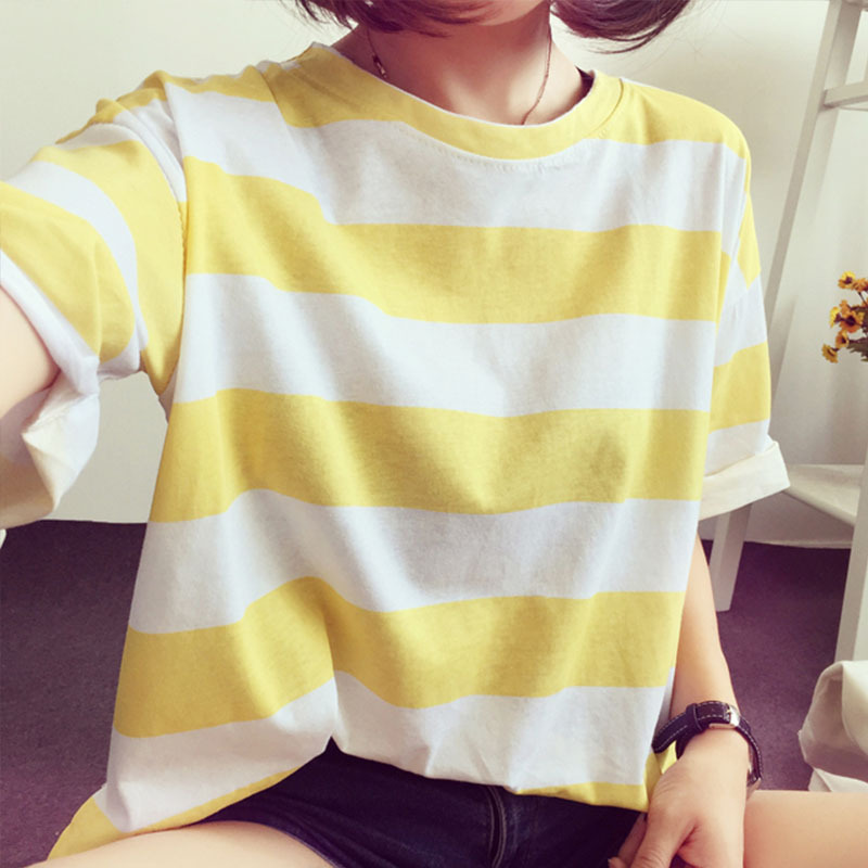 女装一件代发批发2019夏季新款韩版条纹短袖t恤女士宽松衣服上衣