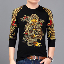 中國風春秋男士薄款花式毛線衣個性龍圖案印花休閑打底針織衫潮