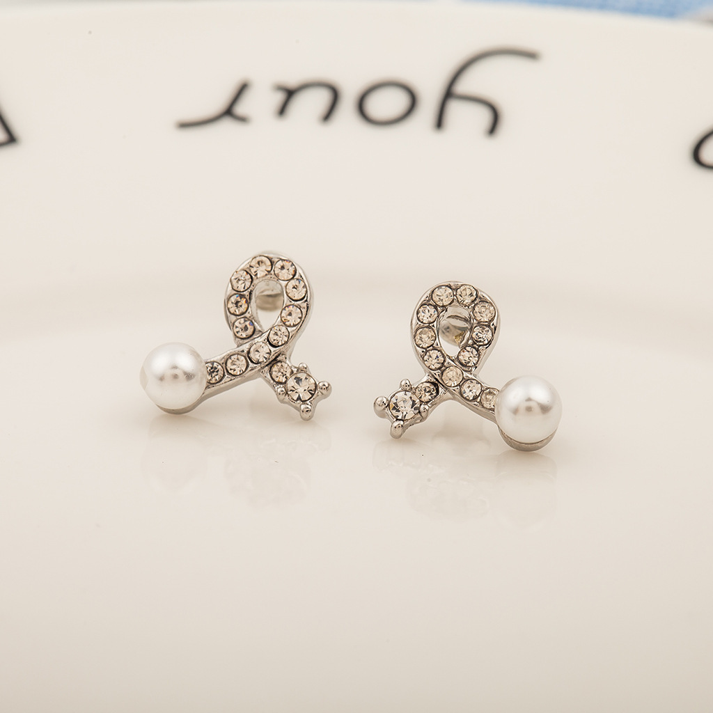 Fashion Bow Earrings Silver Plated Inlaid Pearl Crystal Earrings Simple Love Earrings Wholesale display picture 11