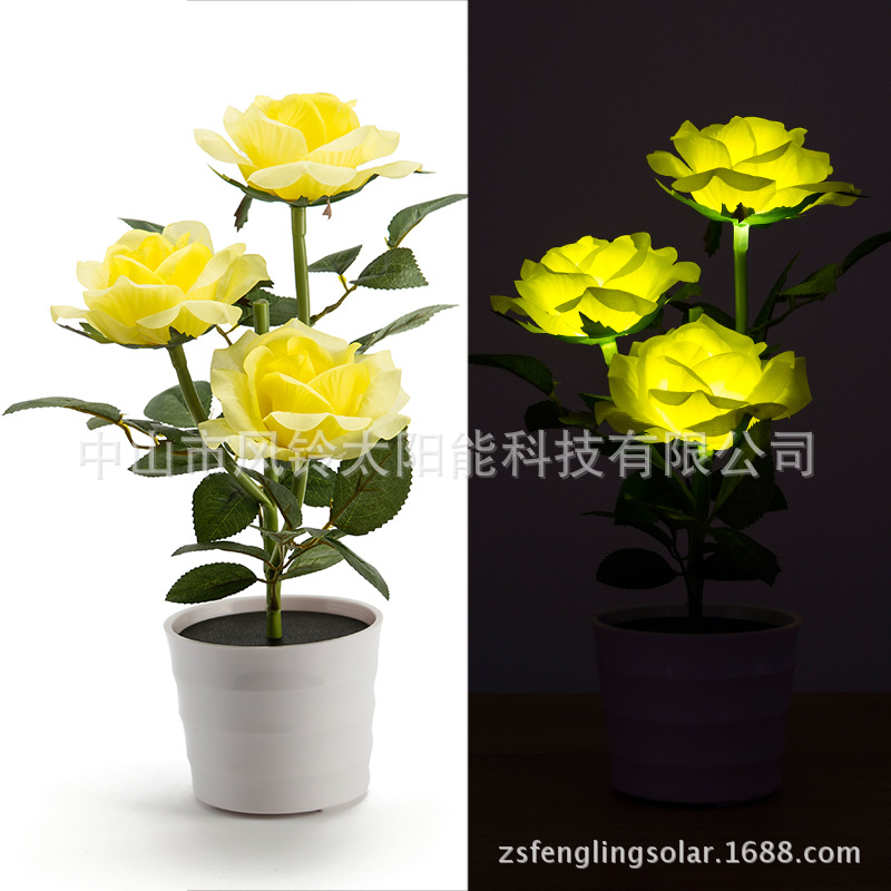 新款3LED玫瑰花盆栽灯太阳能仿真led花园灯太阳能玫瑰花装饰台灯