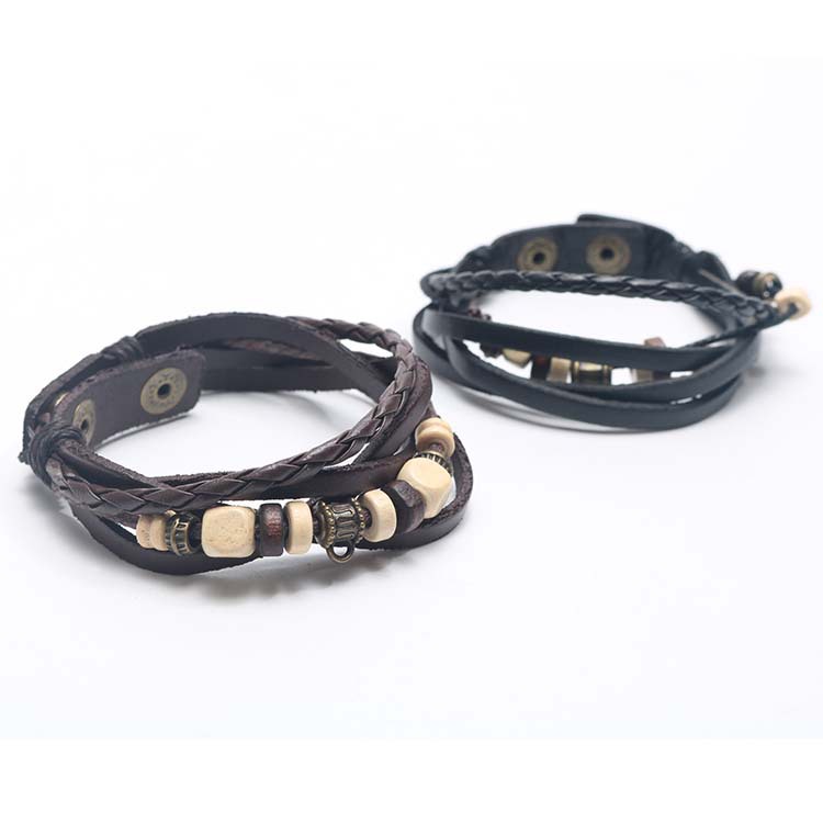 欧美新款木珠皮质多层情侣手链 黑色棕色手工编织饰品男女礼物|ms