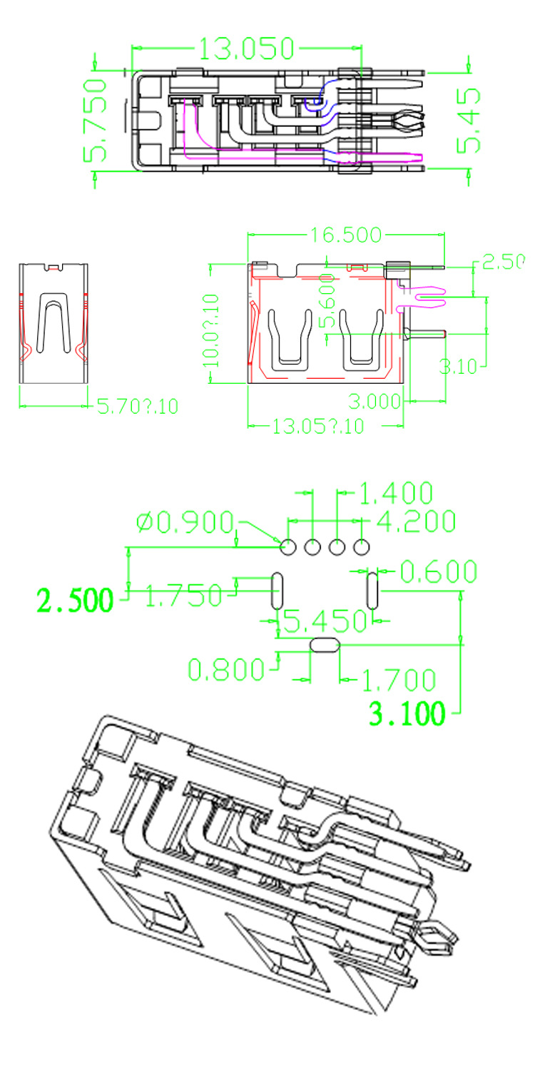 电脑直插USB连接器,90°侧插母座接口